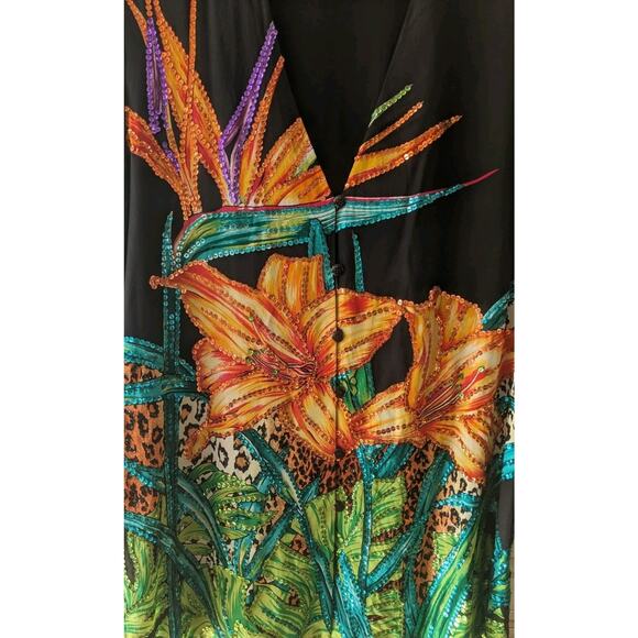 VTG Diane Gilman Silk Top L Sequin Tropical Flowers Cheetah Print 90s Maximalist - Picture 5 of 15
